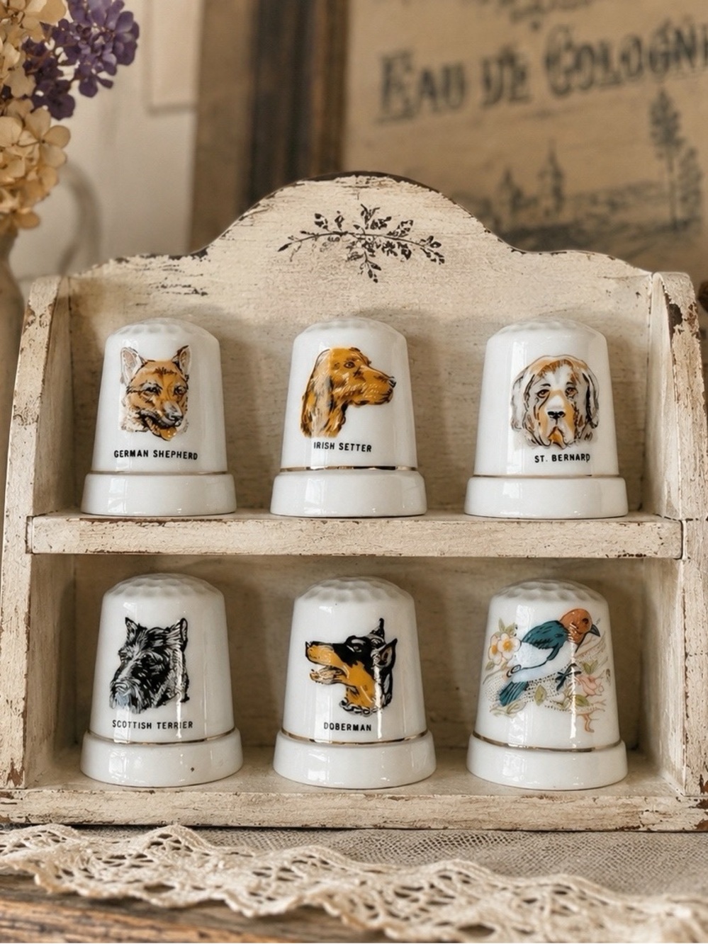 VTG Porcelain Thimbles Dogs & 1 Bird Sewing Collectible Country Farmhouse Rustic
